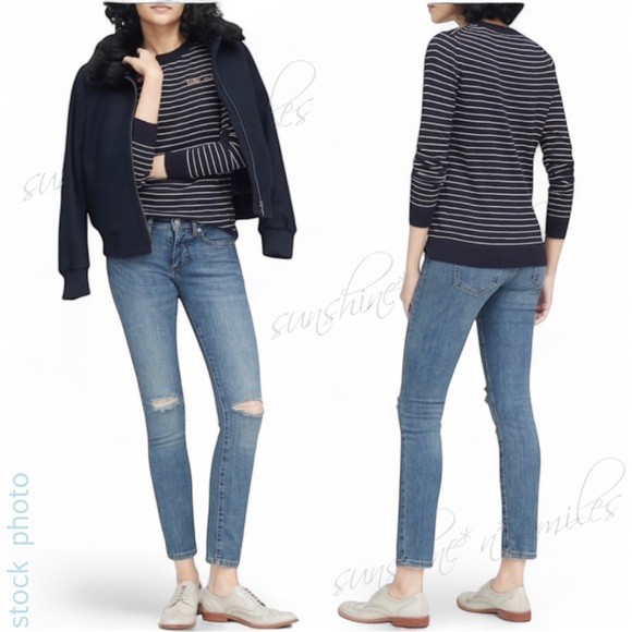 Banana Republic HELLO WEEKEND Silk Cashmere Sweater ~ Navy Blue w/ White Stripes - Picture 2 of 11